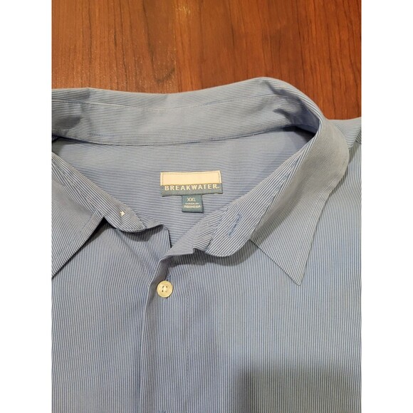 Button Up Short Sleeve Shirt Mens XXL Blue & White Micro Striped Collared Basic - Picture 3 of 7